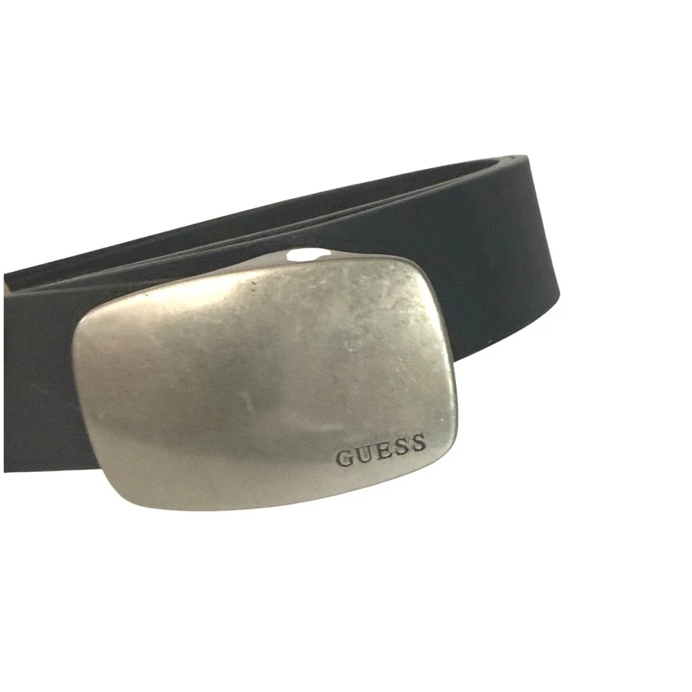 GUESS Black Leather Belt Silver Plaque Buckle Size 38 Grunge Y2K Americana